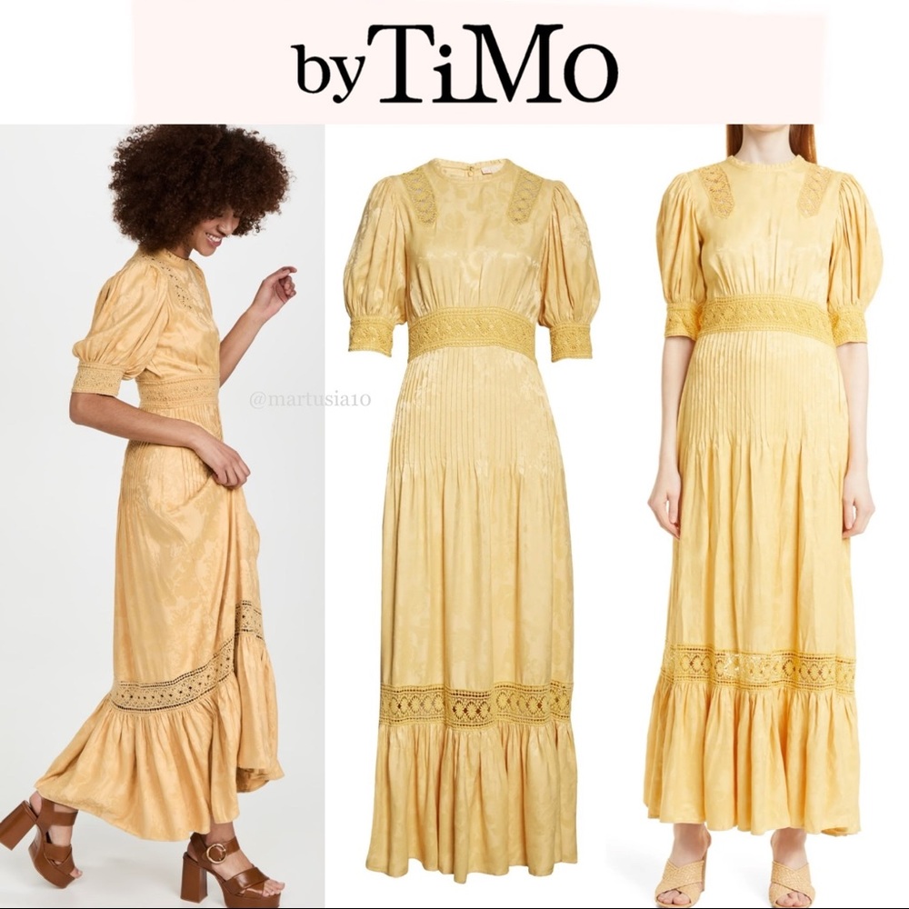 BY TIMO Puff Sleeve Lace Trim Jacquard Embroidery Maxi Dress S 554$
